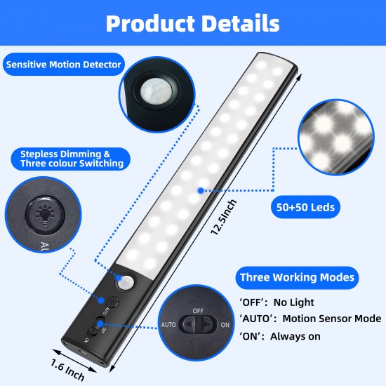COLIJOY Motion Sensor Cabinet Light - 4200 mAh Battery Operated Rechargeable Closet Lights - Extra-Bright Under Cabinet Lights - Wireless Indoor LED Light Strip - Magnetic Motion Activated Lighting