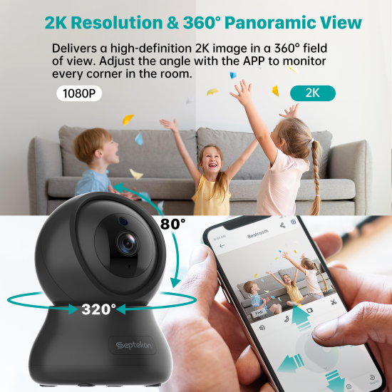 Indoor Security Camera 2K, Septekon 360° Pan Tilt Baby Monitor Pet Camera, 2.4GHz Wi-Fi Camera with Night Vision, Motion Detection, 2-Way Audio Siren, Cloud/SD Card, Compatible with Alexa Indoor Security Camera 2K, Septekon 360° Pan Tilt Baby Monitor Pet Camera, 2.4GHz Wi-Fi Camera with Night Vision, Motion Detection, 2-Way Audio Siren, Cloud/SD Card, Compatible with Alexa