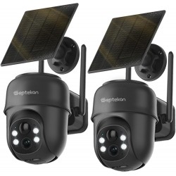 Septekon 2K Solar Security Cameras Wireless Outdoor 2 Pack, 360°PTZ Battery Powered Outdoor Camera, 2.4G WiFi Camera with Spotlight Color Night Vision, Motion Sensor Alarm, IP66, Black B40 2Pack