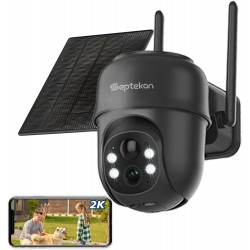 Septekon 2K Solar Security Cameras Wireless Outdoor 2 Pack, 360°PTZ Battery Powered Outdoor Camera, 2.4G WiFi Camera with Spotlight Color Night Vision, Motion Sensor Alarm, IP66, Black B40
