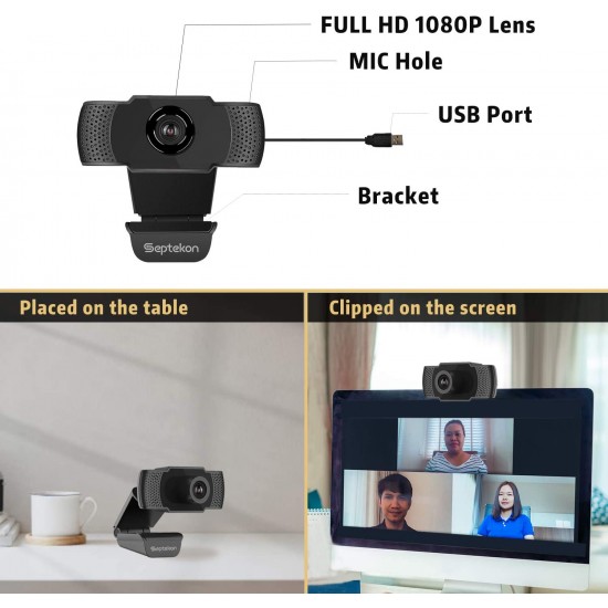 Webcam 1080P avec Microphone, Webcam pour PC avec Cache Camera Ordinateur,  Webcam Full HD Camera USB