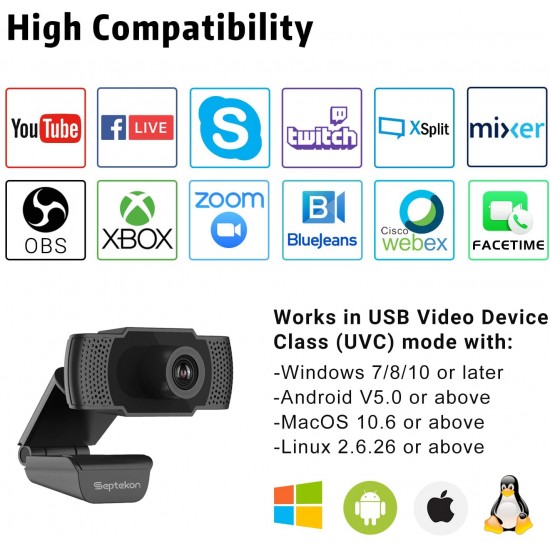 1080P HD Webcam with Microphone, Septekon Streaming Computer Web Camera for Laptop/Desktop/Mac/TV, USB PC Cam for Video Calling, Conferencing, Gaming