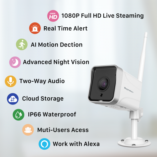 Security Camera Outdoor, Septekon 1080P WiFi Home Surveillance Camera, IP66 Waterproof FHD Night Vision Cameras with Motion Detection, 2-Way Audio, Cloud Storage, Work with Alexa - S50
