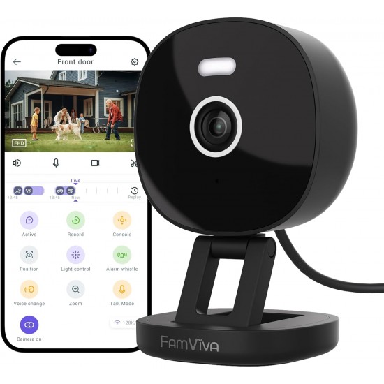 FAMVIVA 2K Security Camera, Outdoor/Indoor for Home, Pet, Baby, Nanny, IP65 Waterproof Color Night Vision, White Light & Siren, Recording, Motion Detection, Compatible with Alexa, Black